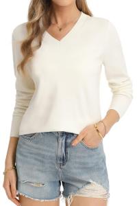 QUALFORT Women's Lightweight Wool Blend V Neck Sweater
