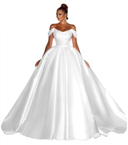 White Satin Sparkly Sequin Ball Gown Wedding Dress