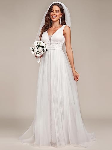 Elegant V-Neck Lace Backless Wedding Dress - Size US12
