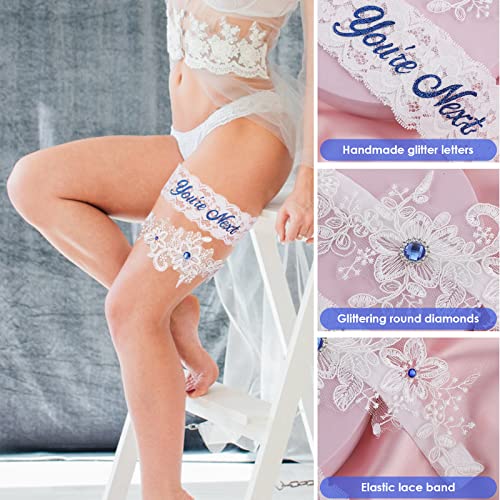 Lace Wedding Garter Set with Blue Rhinestones and Print
