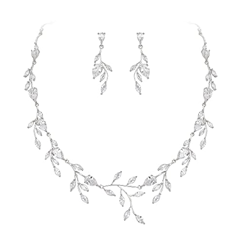 Sparkly Cubic Zirconia Leaf Necklace Earrings Set