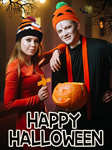 Halloween Beanie with Skull and Pumpkin Design