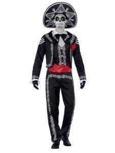 Smiffys Adult men's Day of the Dead Senor Bones Costume, Jacket, trousers, Mock Shirt and Hat, Day of the Dead, Halloween, Black, M - Size 38-40
