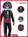 Smiffys Adult men's Day of the Dead Senor Bones Costume, Jacket, trousers, Mock Shirt and Hat, Day of the Dead, Halloween, Black, M - Size 38-40