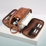 Laripwit Travel Toiletry Bag for Men Small PU-Leather Wash Bag Shaving Dopp Kit Bathroom Water-Resistant Makeup Cosmetic Case for Toiletries Organizer Brown