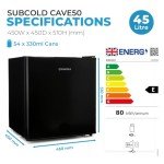 Subcold Cave50 LED Solid Door Beer Fridge for Wine & Drinks | Mini Fridge Chiller with Can Dispenser | Mini Fridge for Bedrooms Quiet | Small Fridge Frost-Free Larder | 44 Cans (Black)