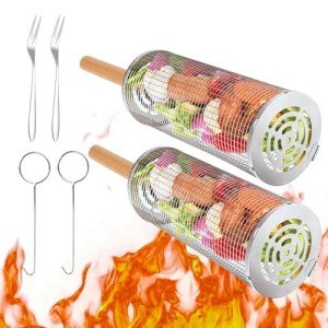 Portable BBQ Grill Basket Set with Wooden Handle