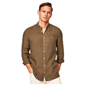 Hackett London Mens Garment Dyed Linen P Shirt, Olive, XL UK