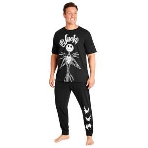 Disney Mens Pyjamas Jack Skellington Donald Duck Grumpy Men's Nightwear Set T-Shirt Long Bottoms PJs M-3XL Loungewear (Black Jack, 3XL)