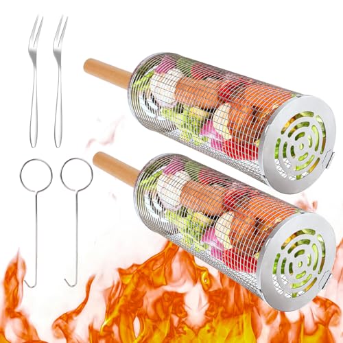 Portable BBQ Grill Basket Set with Wooden Handle