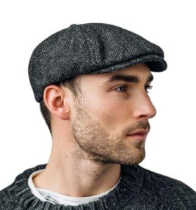 Men's Grey Herringbone Wool Newsboy Cap