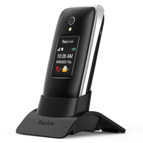 Easyfone Prime-A1 Pro 4G Easy-to-Use Flip Cell Phone, 2.4'' HD Display, Big Buttons, Clear Sound, Large Fonts, SOS Button, SIM Card Included, Dumbphone with 1500mAh Battery and a Charging Dock (Black)