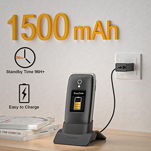 Easyfone Prime-A1 Pro 4G Easy-to-Use Flip Cell Phone, 2.4'' HD Display, Big Buttons, Clear Sound, Large Fonts, SOS Button, SIM Card Included, Dumbphone with 1500mAh Battery and a Charging Dock (Black)