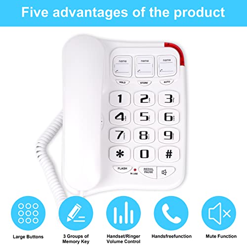 Large Button Phone for Seniors, Loud Ringer, One-Touch Dialing. Amplified Corded Phone with Speakerphone for Elderly Home Landline Phones, No Need to use Batteries.