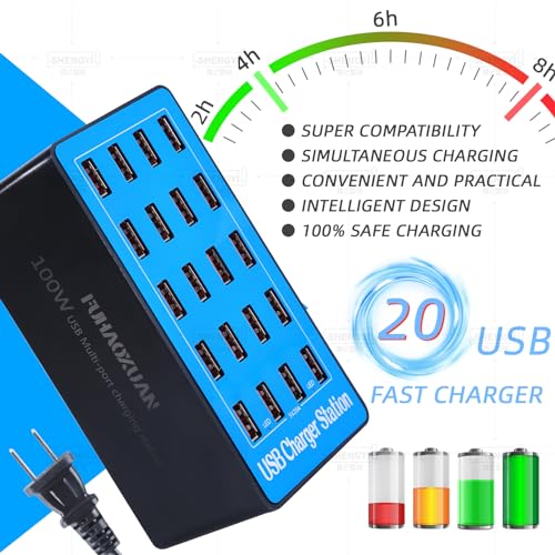 USB Charging Station,100W 20-Port Multi Device Charger with Intelligent Safety Features,Charging Station for Multiple Devices Phone,Watch,Pad,Speakers,Headphones,PS Compact for Home,Office,Travel