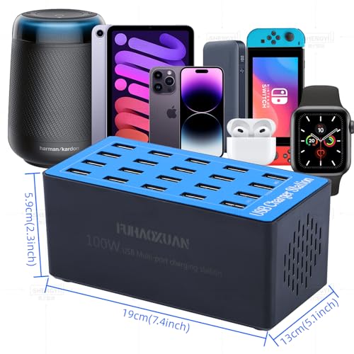 USB Charging Station,100W 20-Port Multi Device Charger with Intelligent Safety Features,Charging Station for Multiple Devices Phone,Watch,Pad,Speakers,Headphones,PS Compact for Home,Office,Travel