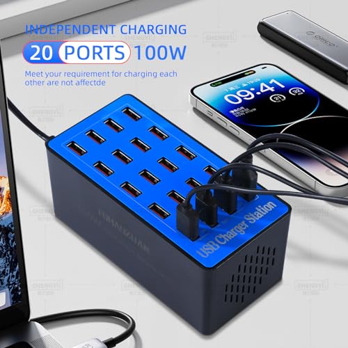 USB Charging Station,100W 20-Port Multi Device Charger with Intelligent Safety Features,Charging Station for Multiple Devices Phone,Watch,Pad,Speakers,Headphones,PS Compact for Home,Office,Travel