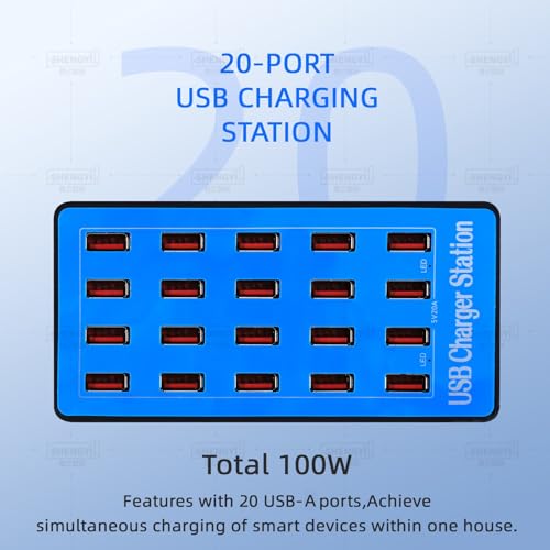 USB Charging Station,100W 20-Port Multi Device Charger with Intelligent Safety Features,Charging Station for Multiple Devices Phone,Watch,Pad,Speakers,Headphones,PS Compact for Home,Office,Travel