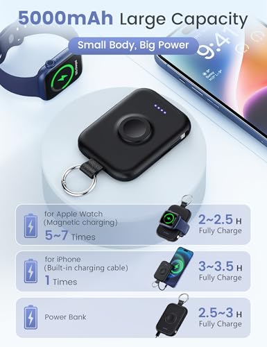RORRY Portable Charger for Apple Watch, 5000mAh for iWatch Wireless Charger Power Bank with Built-in Cable, Travel Keychain Charger for Apple Watch 9/Ultra2/8/Ultra/7/6/Se/5, iPhone 15/14/13/12, Black