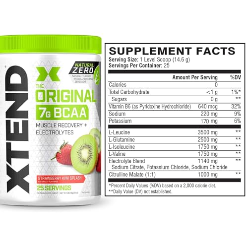 XTEND Natural Zero BCAA Powder Strawberry Kiwi Splash | Free of Artificial Sweeteners, Flavors, and Chemical Dyes | Post Workout Drink with Amino Acids | 7g BCAAs for Men & Women | 25 Servings