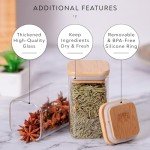 Laramaid 9oz 12Packs Glass Jars Set with Minimalist Spice Labels, Square Spice Jars with Bamboo Lids and White Vinyl Customized Sticker Labels, Food Storage Container Canisters