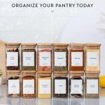Laramaid 9oz 12Packs Glass Jars Set with Minimalist Spice Labels, Square Spice Jars with Bamboo Lids and White Vinyl Customized Sticker Labels, Food Storage Container Canisters