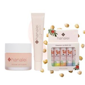 Hanalei Sugar Lip Scrub AND Kukui Oil Lip Treatment 15g Clear AND 5-Piece Tropical Lip Balm Set | Made with Hawaiian Botanicals | Cruelty-Free and Paraben-Free
