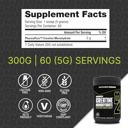 NutraBio Creatine Monohydrate Supplement, Unflavored, (300 g) - Supports Muscle Energy, Recovery, and Strength - HPLC Tested Pure Grade Creatine Supplement