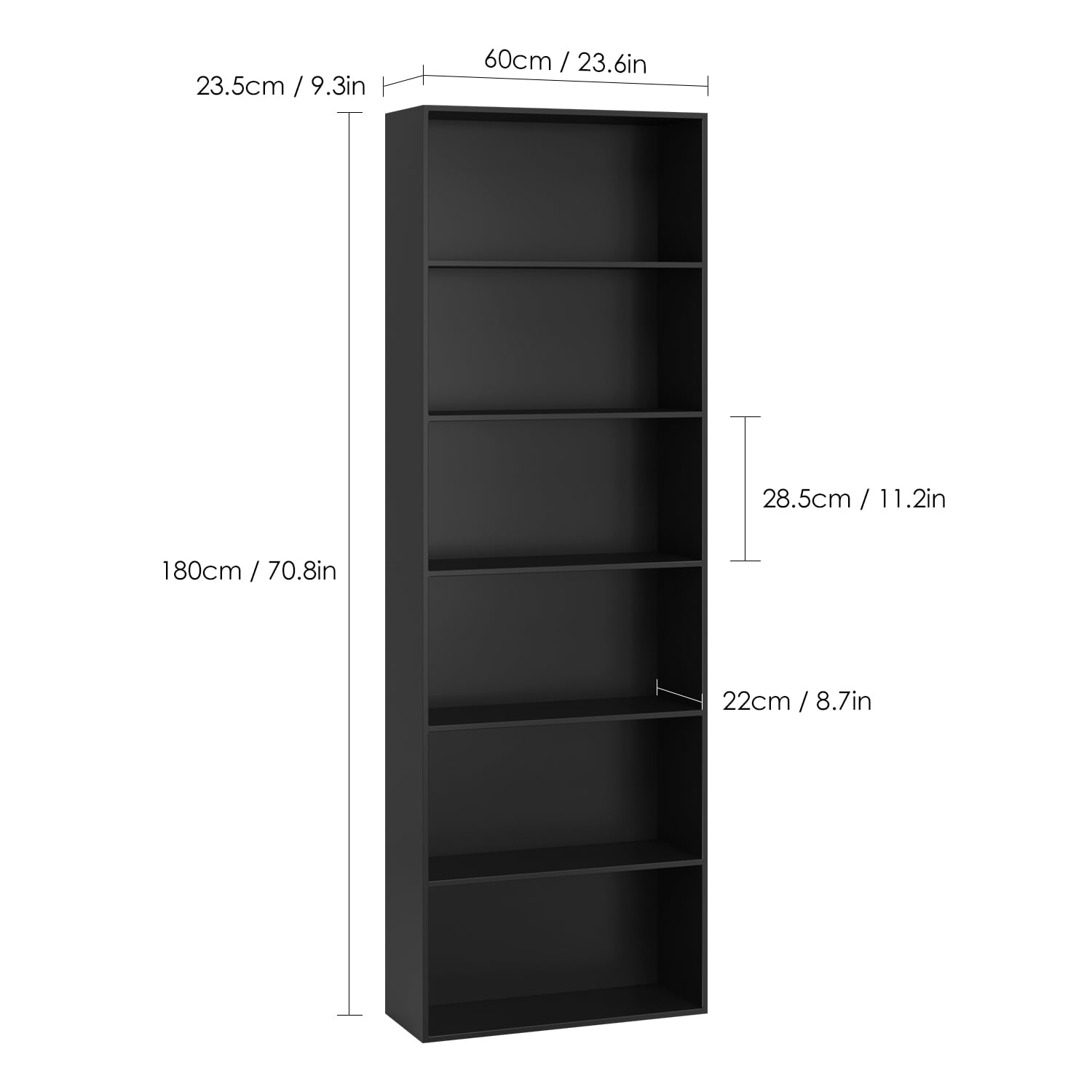 Black 6-Tier Bookshelf for Home Office