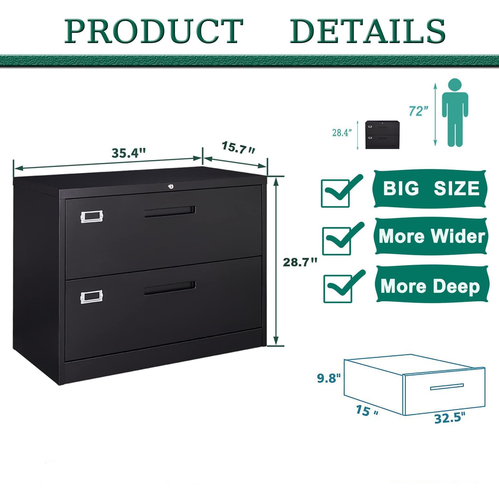 Lockable 2-Drawer File Cabinet, 36" Wide