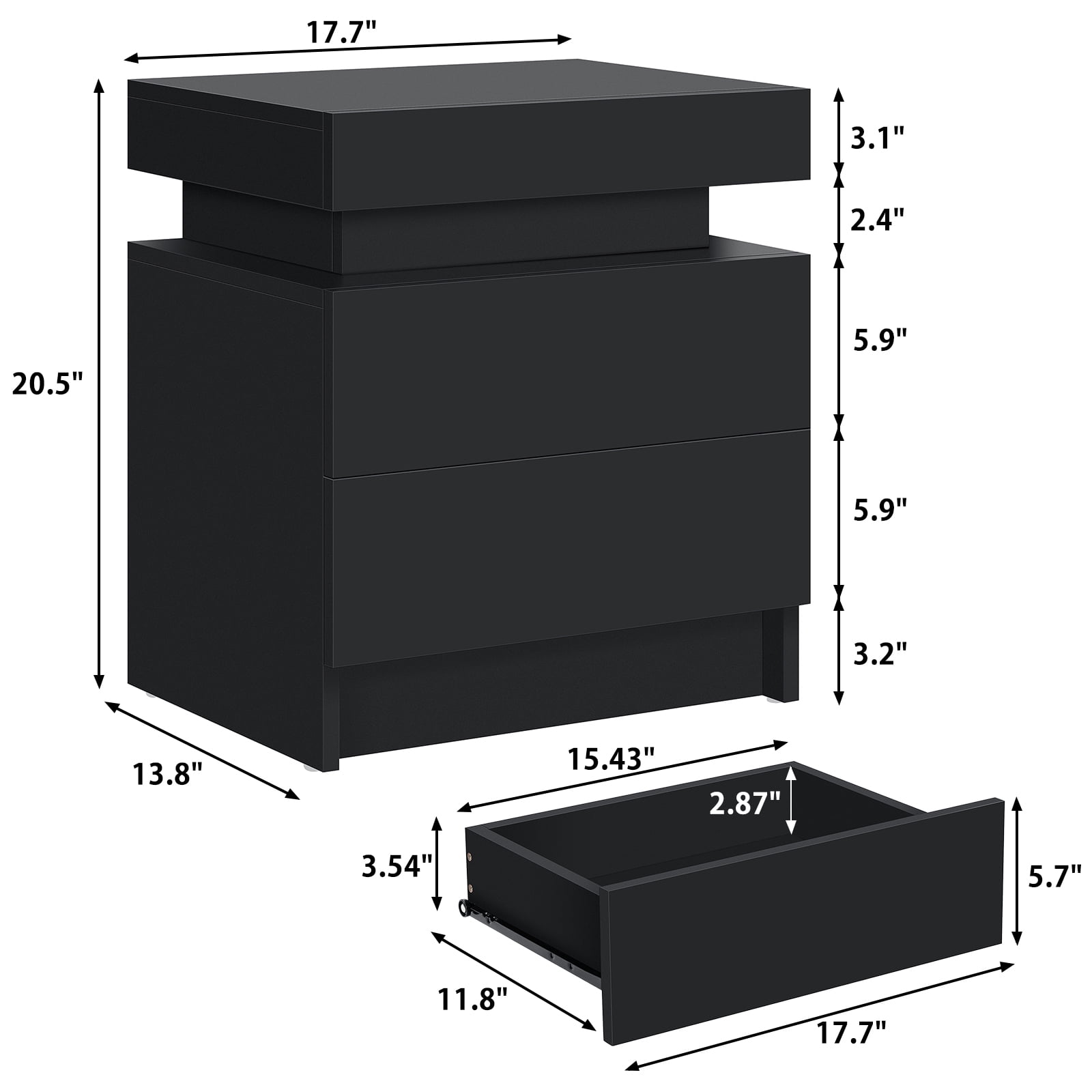 LED Bedside Table with Drawer - Black Gloss Finish