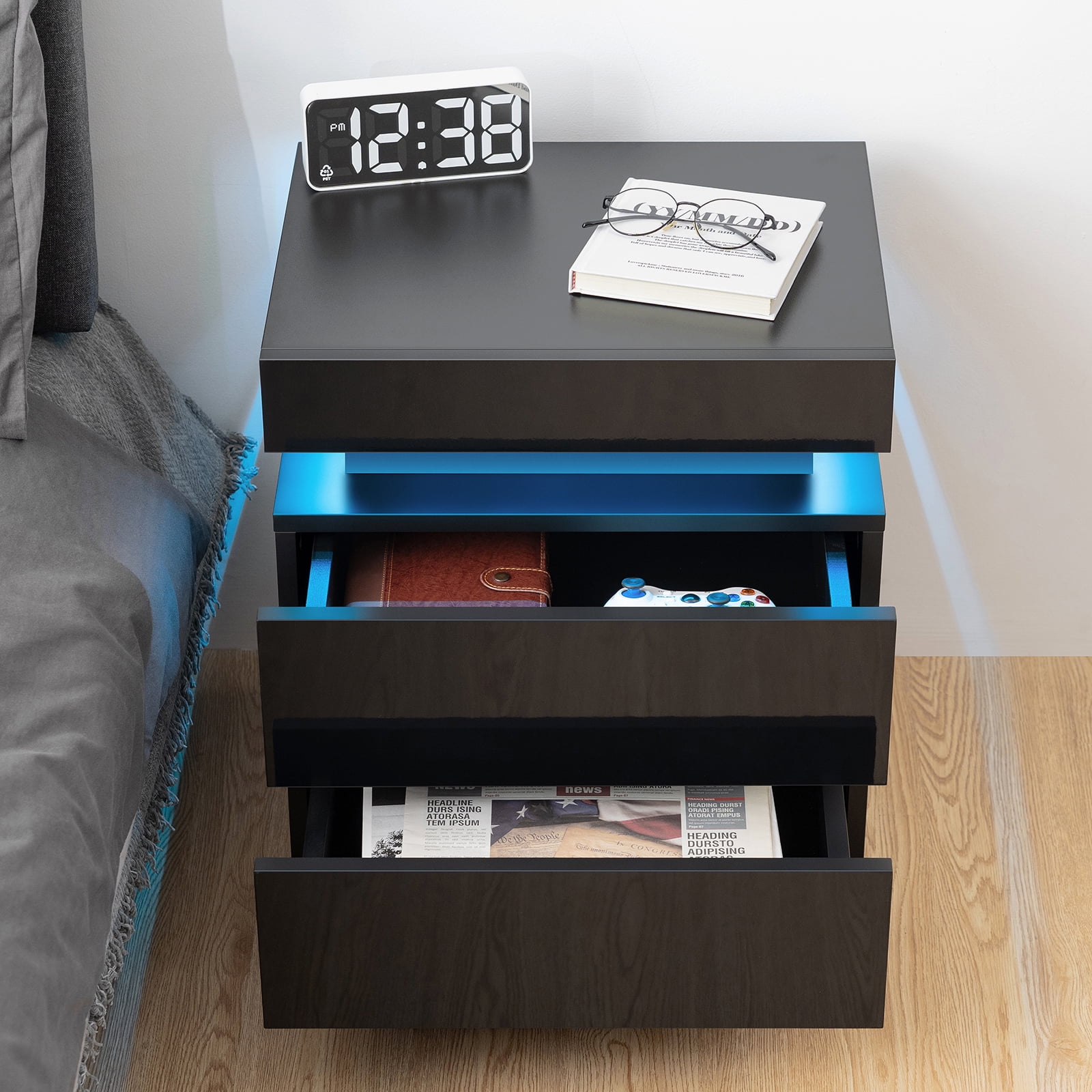 LED Bedside Table with Drawer - Black Gloss Finish