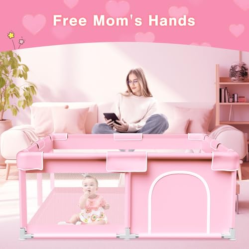 Pink Baby Playpen with Soft Mesh Safety Design