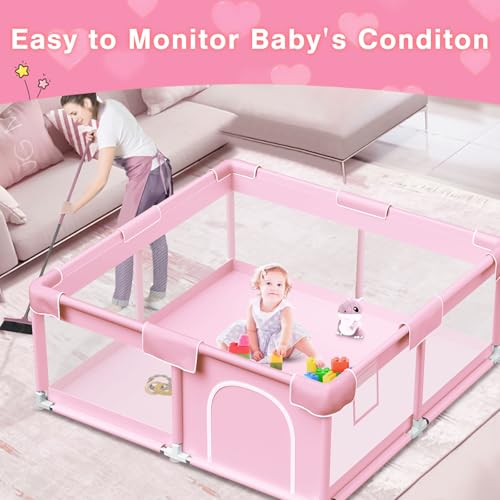 Pink Baby Playpen with Soft Mesh Safety Design