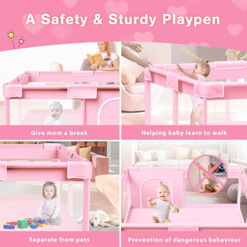 Pink Baby Playpen with Soft Mesh Safety Design