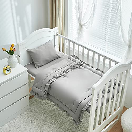 3-Piece Ruffled Crib Bedding Set in Gray