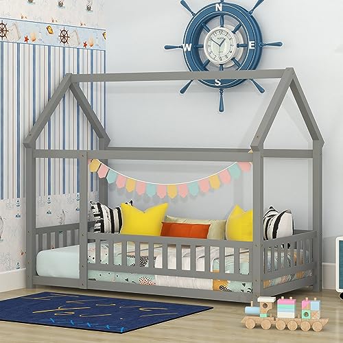 Montessori Twin Floor Bed with Fence for Kids