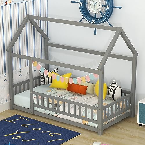 Montessori Twin Floor Bed with Fence for Kids