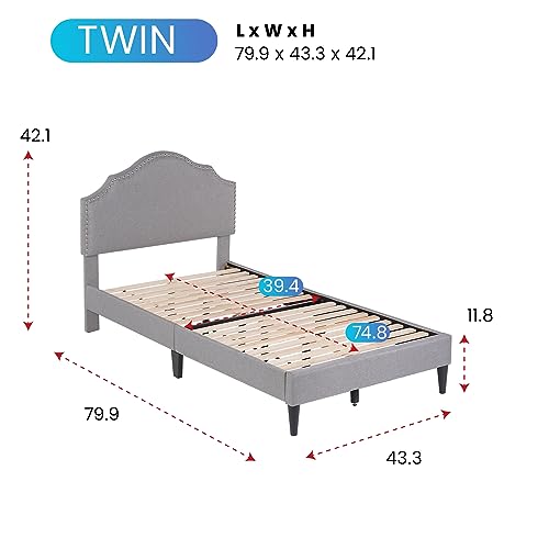 Twin Platform Bed Frame with Upholstered Headboard