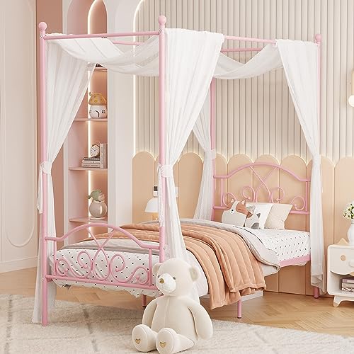 Weehom Pink Princess Canopy Twin Bed Frame