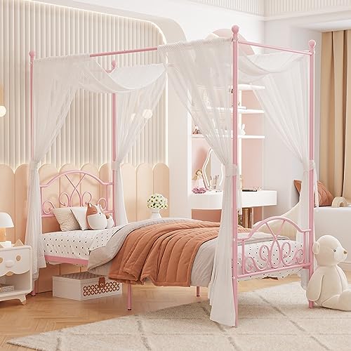 Weehom Pink Princess Canopy Twin Bed Frame