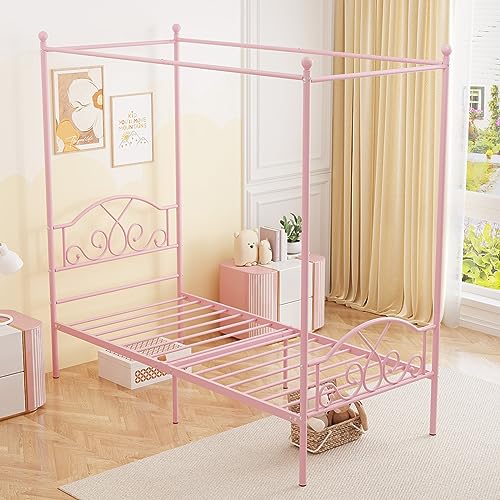 Weehom Pink Princess Canopy Twin Bed Frame