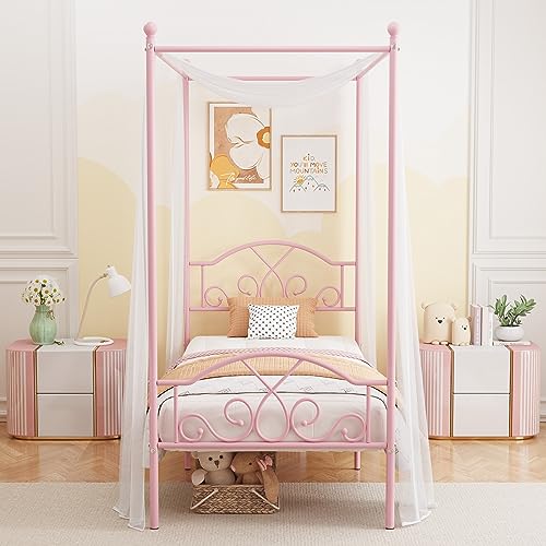 Weehom Pink Princess Canopy Twin Bed Frame