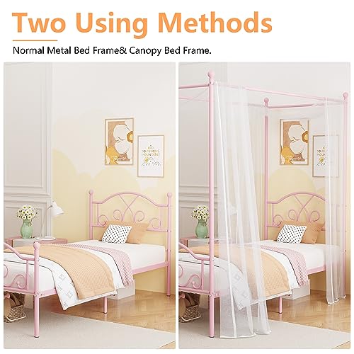 Weehom Pink Princess Canopy Twin Bed Frame