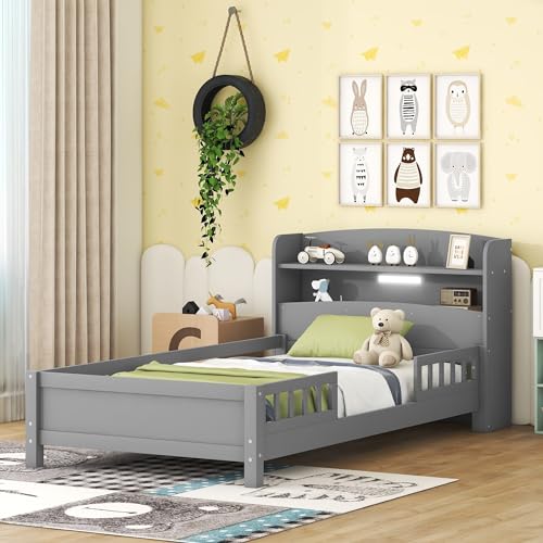 Gray Twin Bed Frame with Storage and LED Light