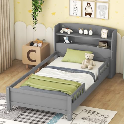 Gray Twin Bed Frame with Storage and LED Light