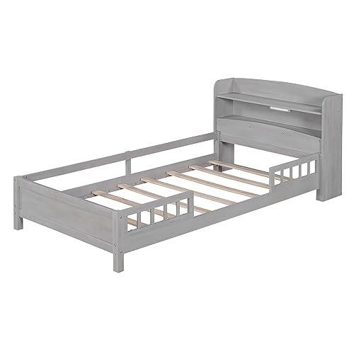 Gray Twin Bed Frame with Storage and LED Light