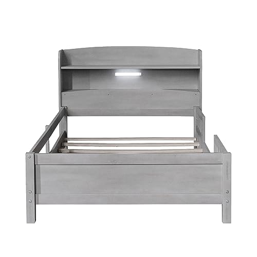 Gray Twin Bed Frame with Storage and LED Light