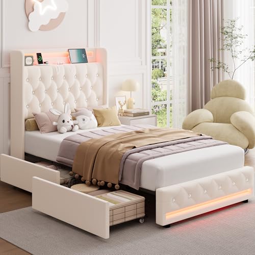 Upholstered Twin LED Bed Frame with Storage