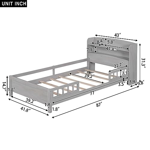 Gray Twin Bed Frame with Storage and LED Light